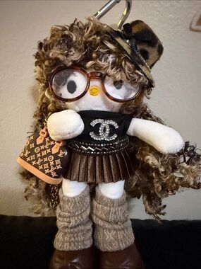 HK Long LegsPlush Doll with Brown Curly Hair and Brown Outfit keychain/Bag charm